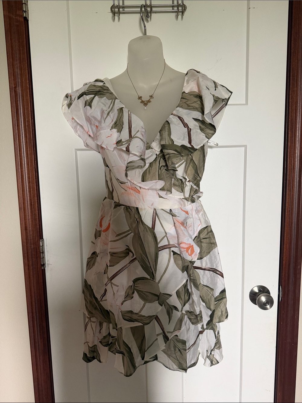 Express Floral Wrap Mini Dress in White, Olive and Peach